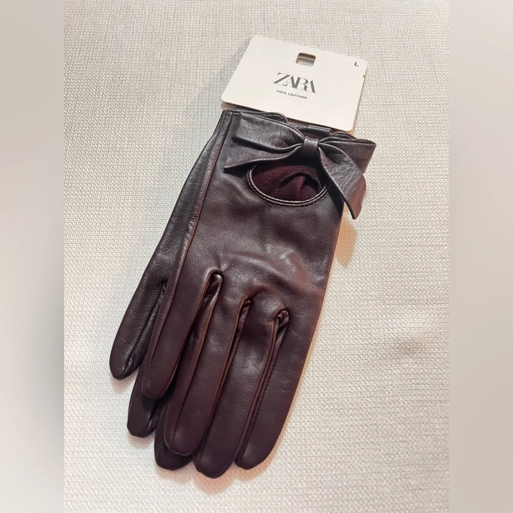 ZARA Burgundy Leather Gloves w Bows Size L New